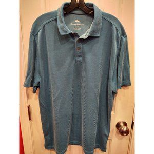 Tommy Bahama Mens Polo Shirt Tencel L Blue Textured Short Sleeve Aloha Sailing